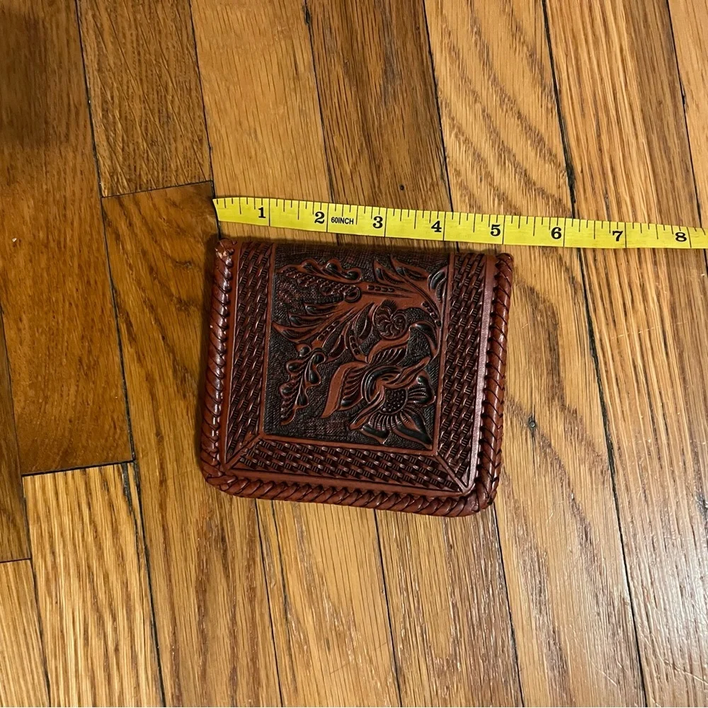 Hand Tooled Leather Wallet Made in Mexico Brown Floral Braided Like New